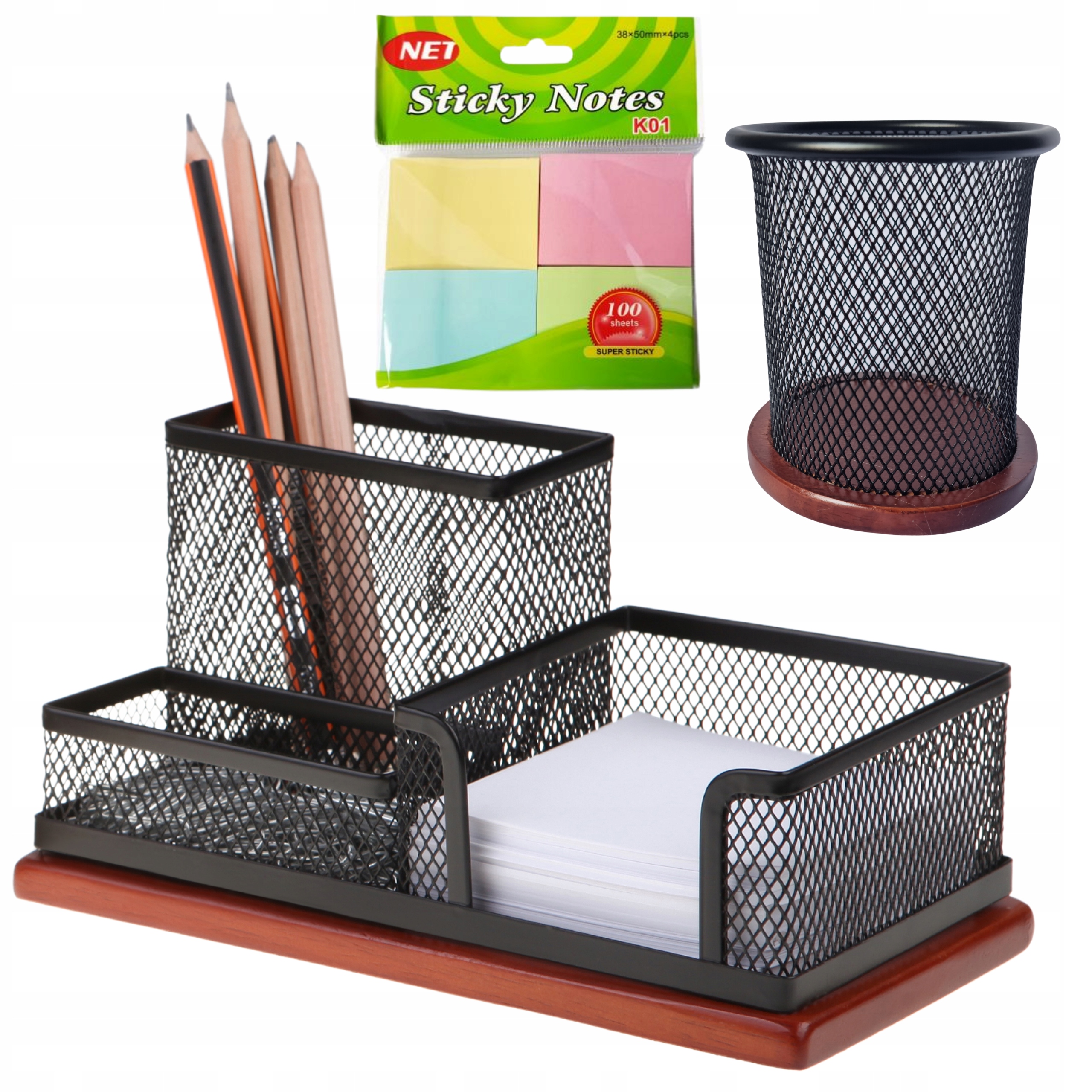 Przybornik z siatki metalowej na drewnie Net organizer na biurko czarny