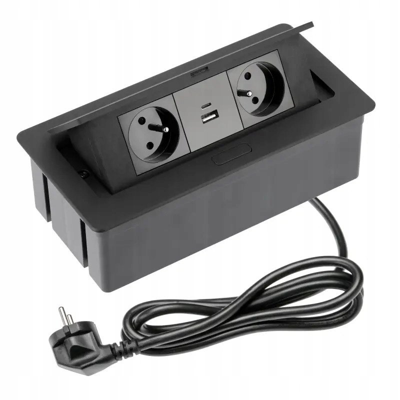 Podwójne gniazdo chowane wpuszczane w blat Gtv czarne gniazdko z Usb A C