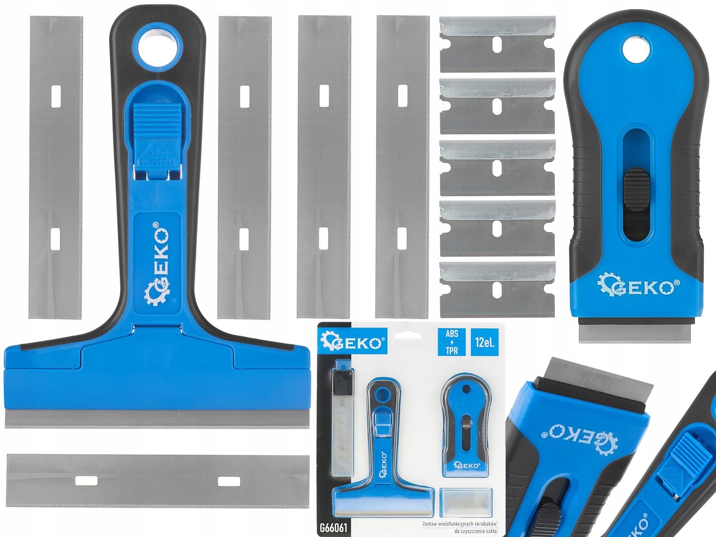 Mocny Zestaw Skrobaków 12el Geko Do Szkła Kleju Naklejek Ostrza