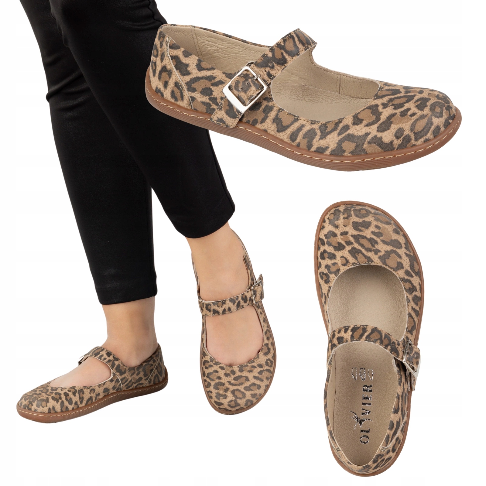 Dámské barefootové baleríny Olivier 1286 kožené s panterovou sponou 37