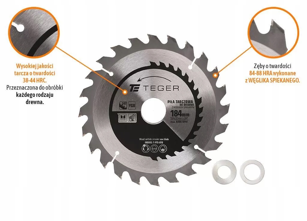 Piła tarczowa do drewna z węglikiem spiekanym 184x30x24T / TEGER, T-PTD-015 Marka Teger
