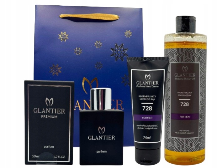 Glantier Zestaw 728 Xmas: Perfumy Premium Olejek Krem do rąk Torebka
