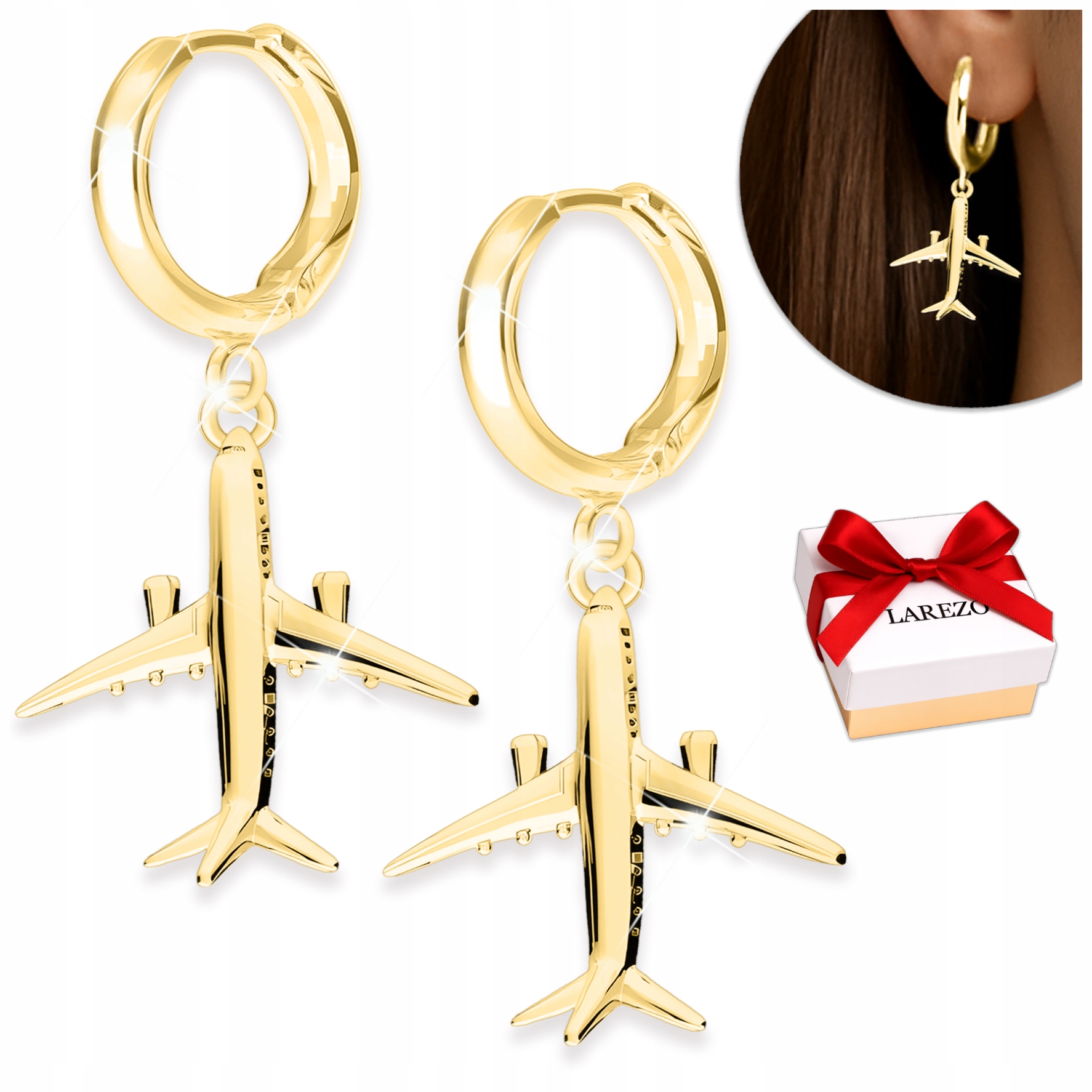 Zlaté Náušnice s letadlem, závěsné kroužky, letadla, Stříbro 925