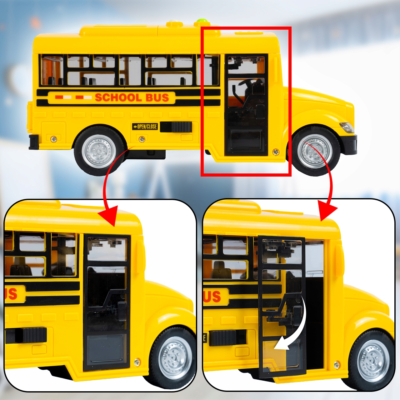 AUTOBUS SZKOLNY INTERAKTYWNY ŻÓŁTY 1:20 DŹWIĘK ŚWIATŁO OTWIERANE DRZWI Szerokość produktu 24 cm