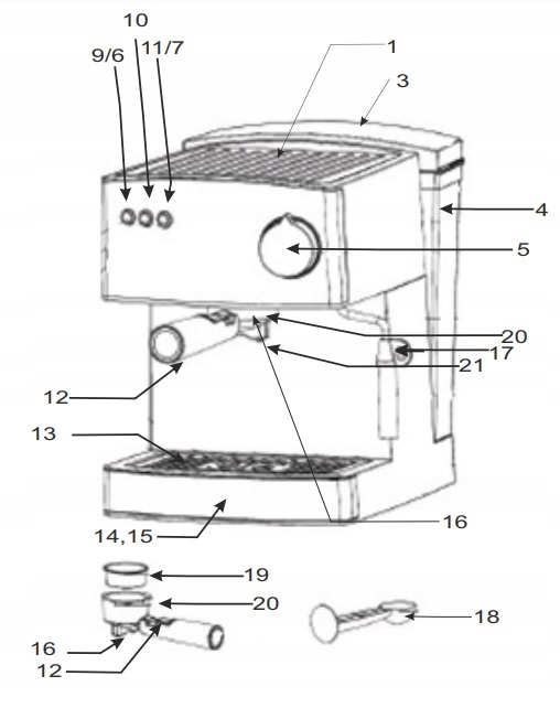 CIŚNIENIOWY EKSPRES DO KAWY 15 bar ZE SPIENIACZEM Cechy dodatkowe Funkcja pary