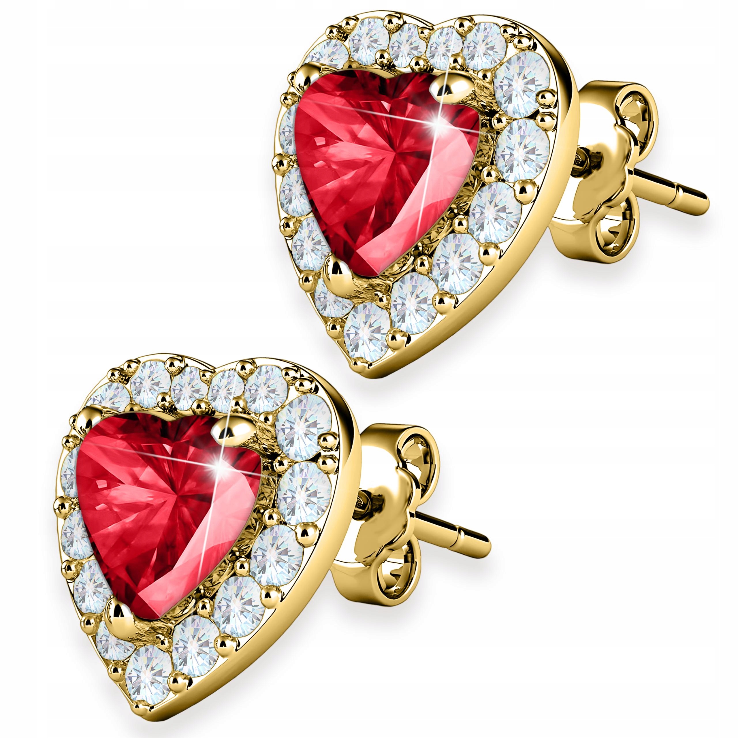 Zlaté Náušnice Červené Rubínové Srdce Křišťálové Zirkony Stříbro 925