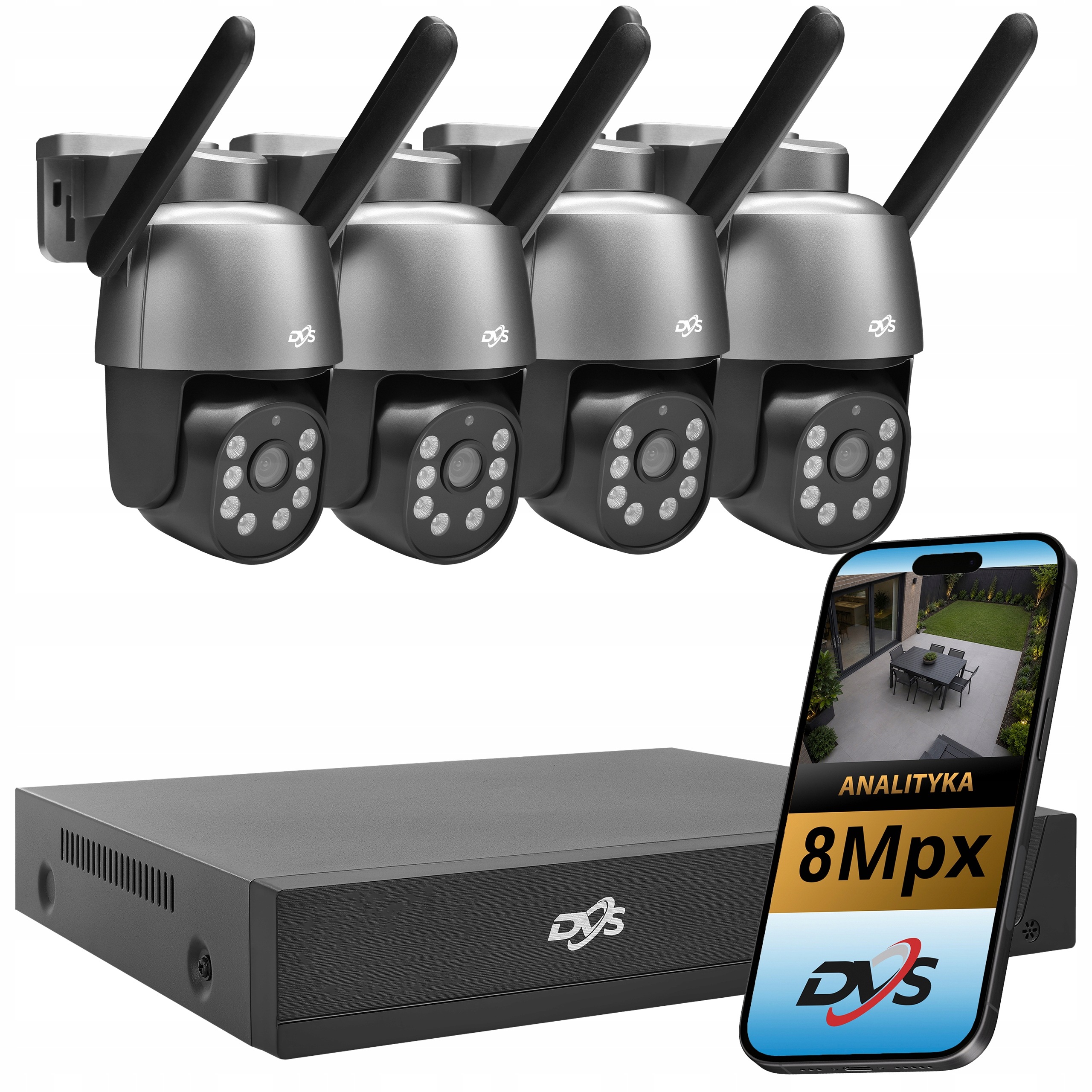 Set Wifi Kamer 4 x 8MPX Otočná Kamera Se Sledováním, Šedá, Rekordér