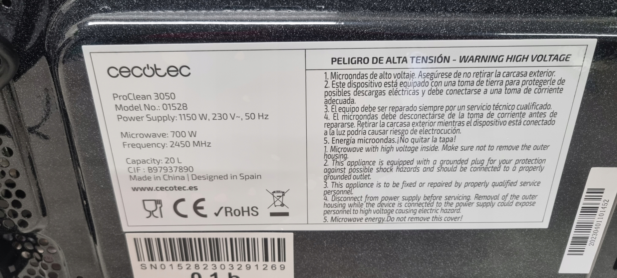 GG1019 Cecotec ProClean kuchenka mikrofalowa 20L Grill brak