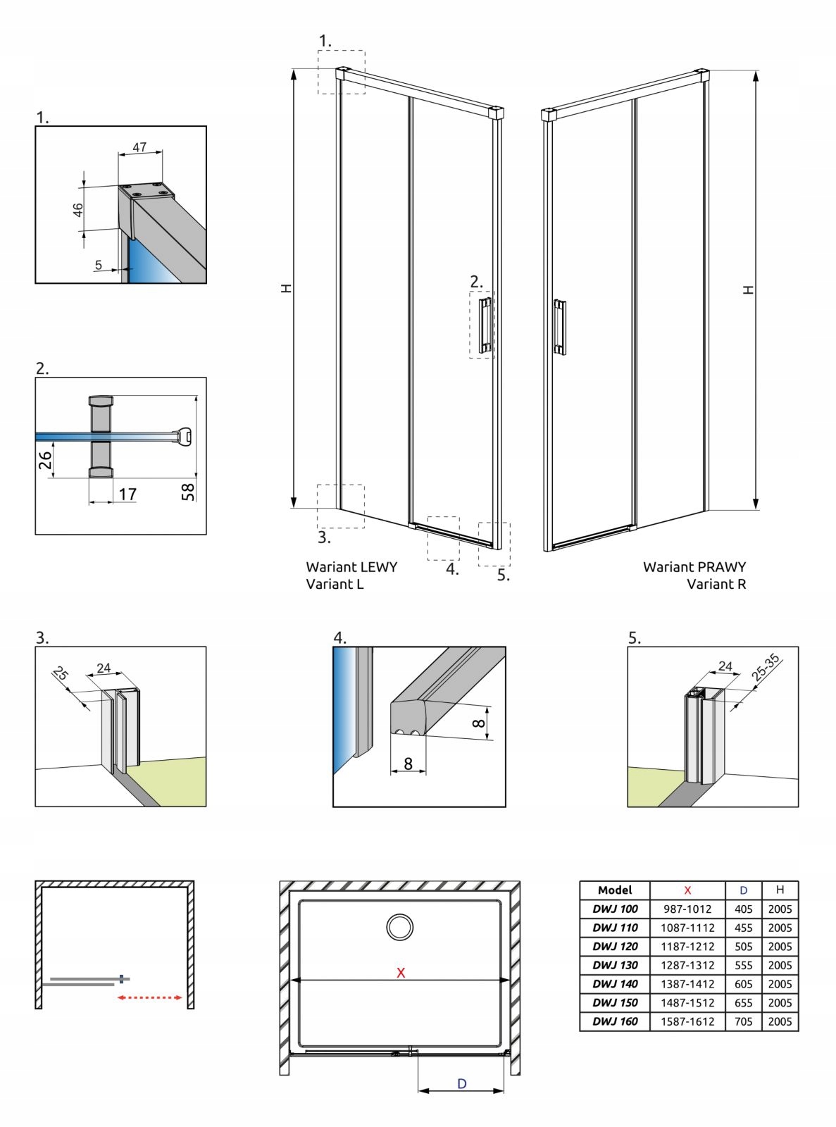 Drzwi prysznicowe wnękowe 150 P Idea DWJ mirror Typ drzwi rozsuwane