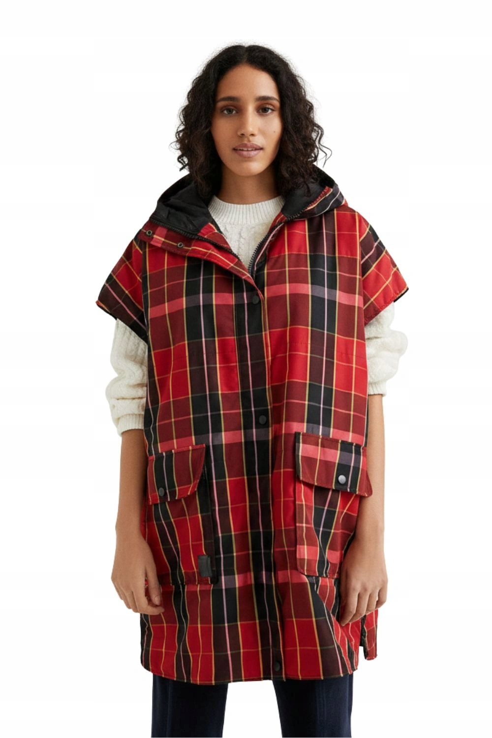 Dámská vesta Desigual Dlouhý vesta pončo s kostkovanou kapuce Oversize