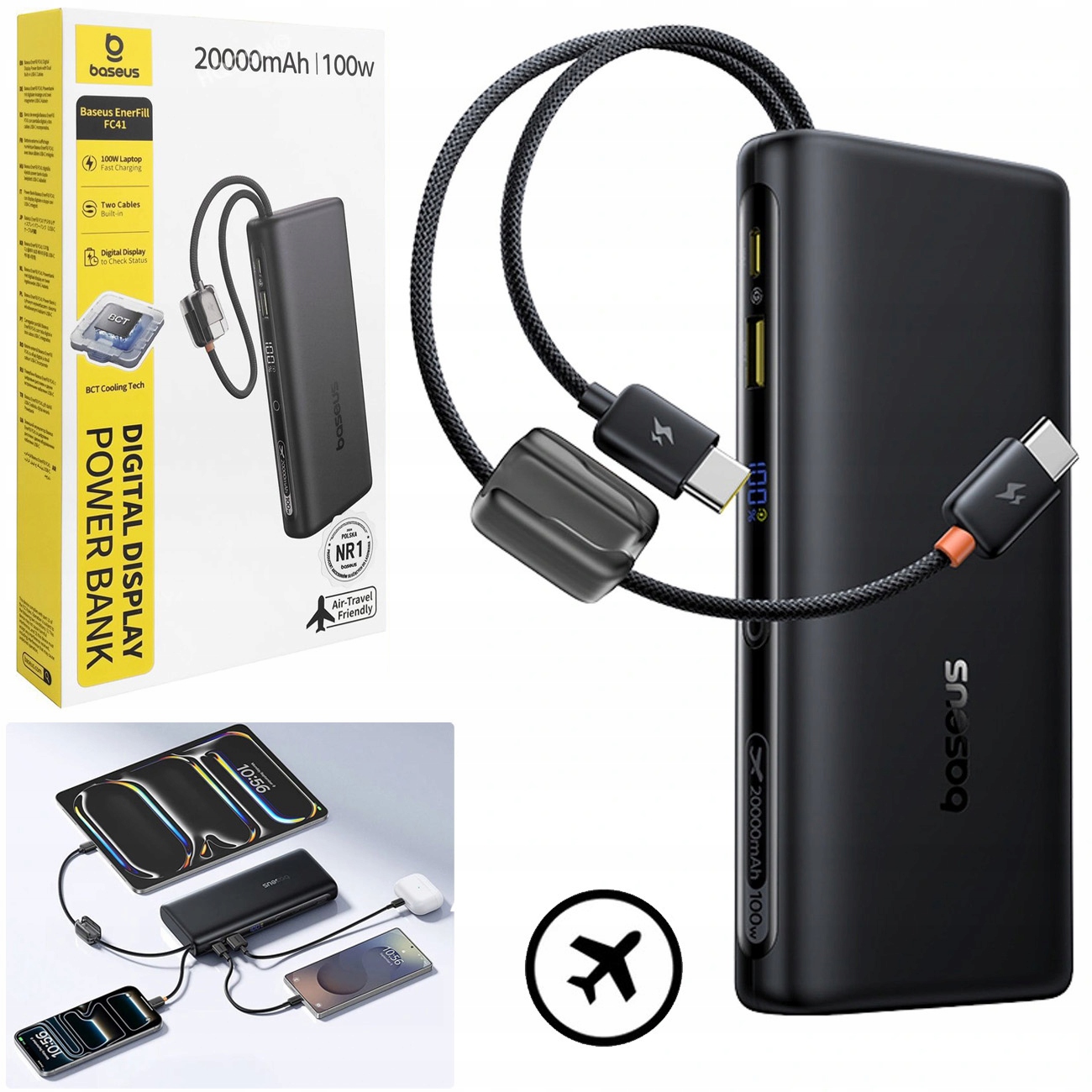 Baseus Powerbanka 20000 mAh 100 W S Vestavěnými Usb-c Kabely Pro 4 Zařízení