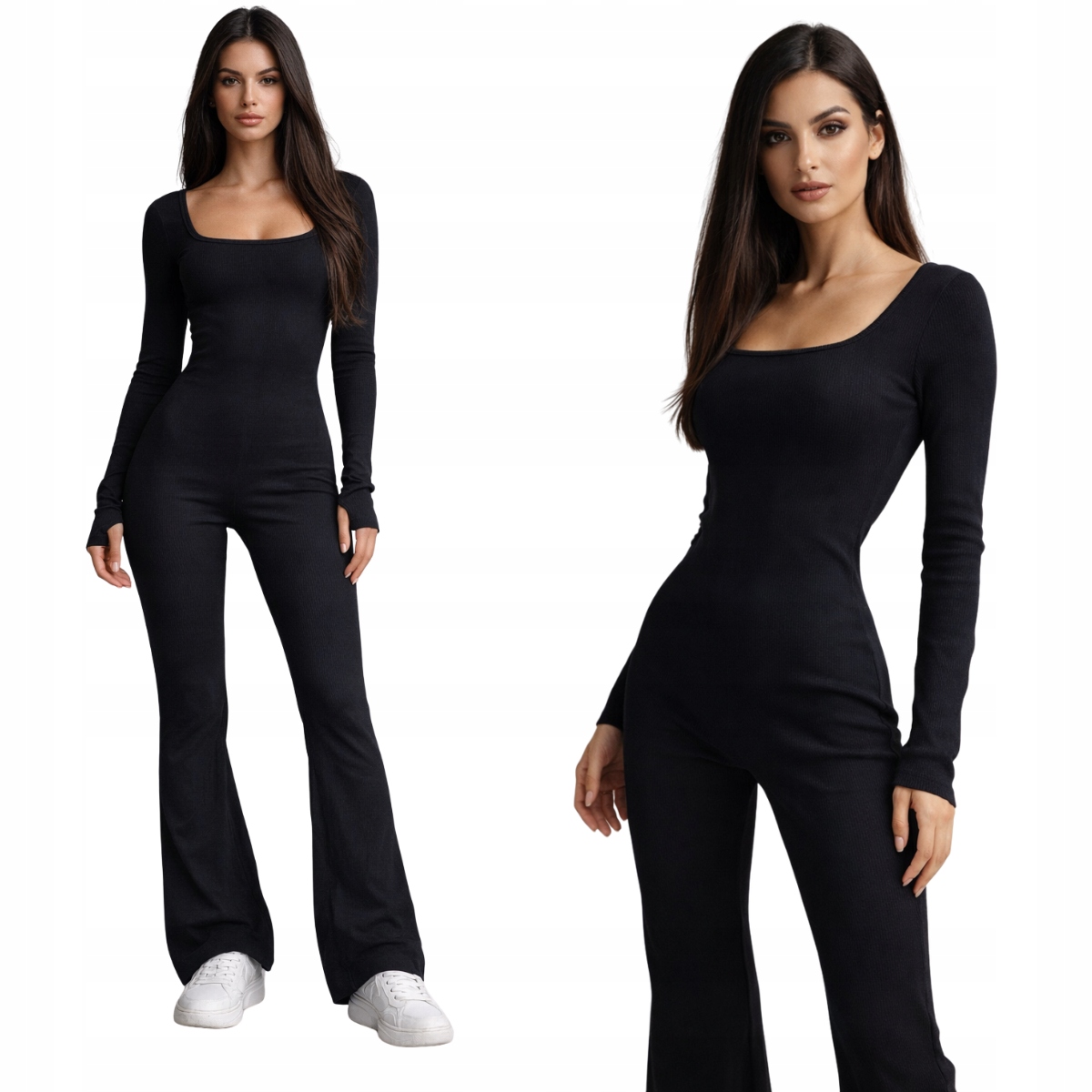 DAMSKI KOMBINEZON PRĄŻKOWANY PUSH-UP Z SZEROKĄ NOGAWKĄ DŁUGI RĘKAW