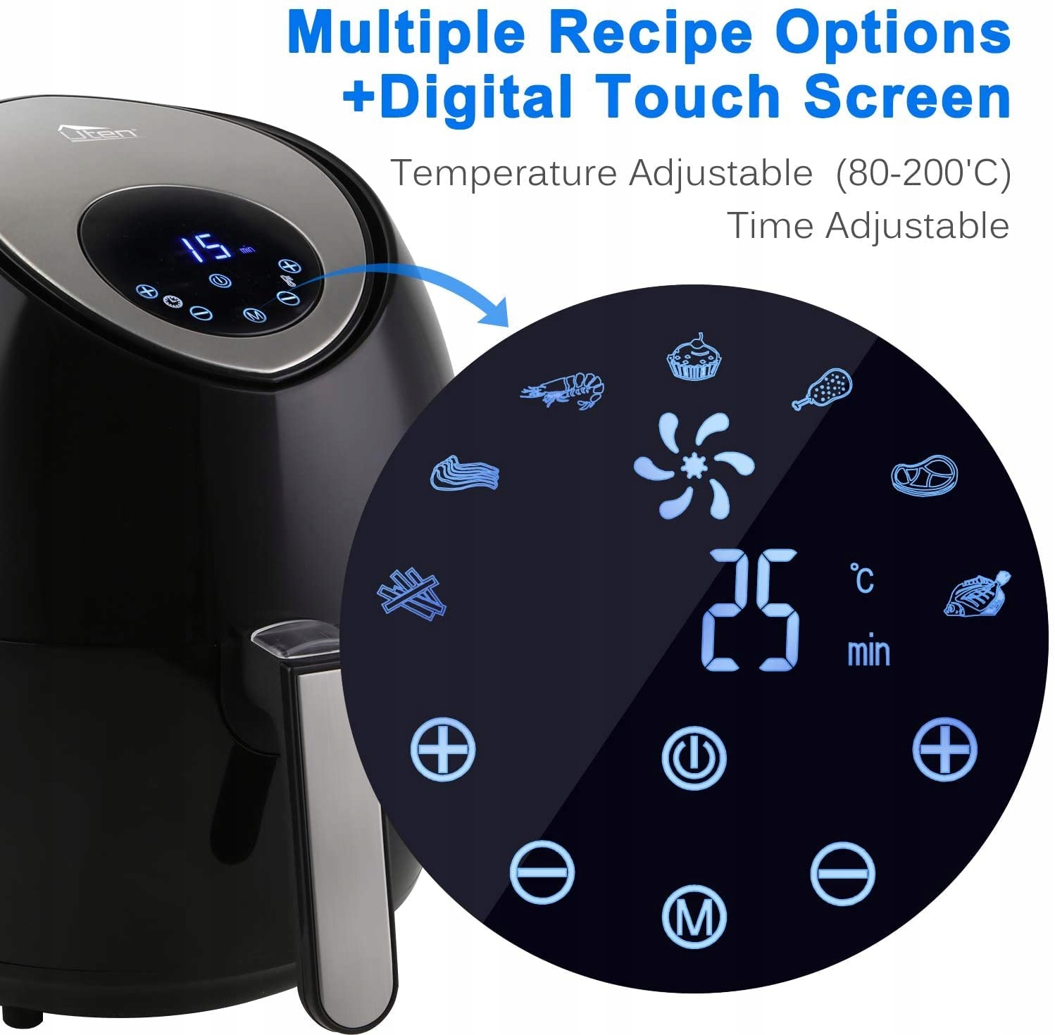 UTEN Frytkownica Beztłuszczowa 4,5L Airfryer XL Wyświetlacz Cyfrowy 1500W — miniatura 2