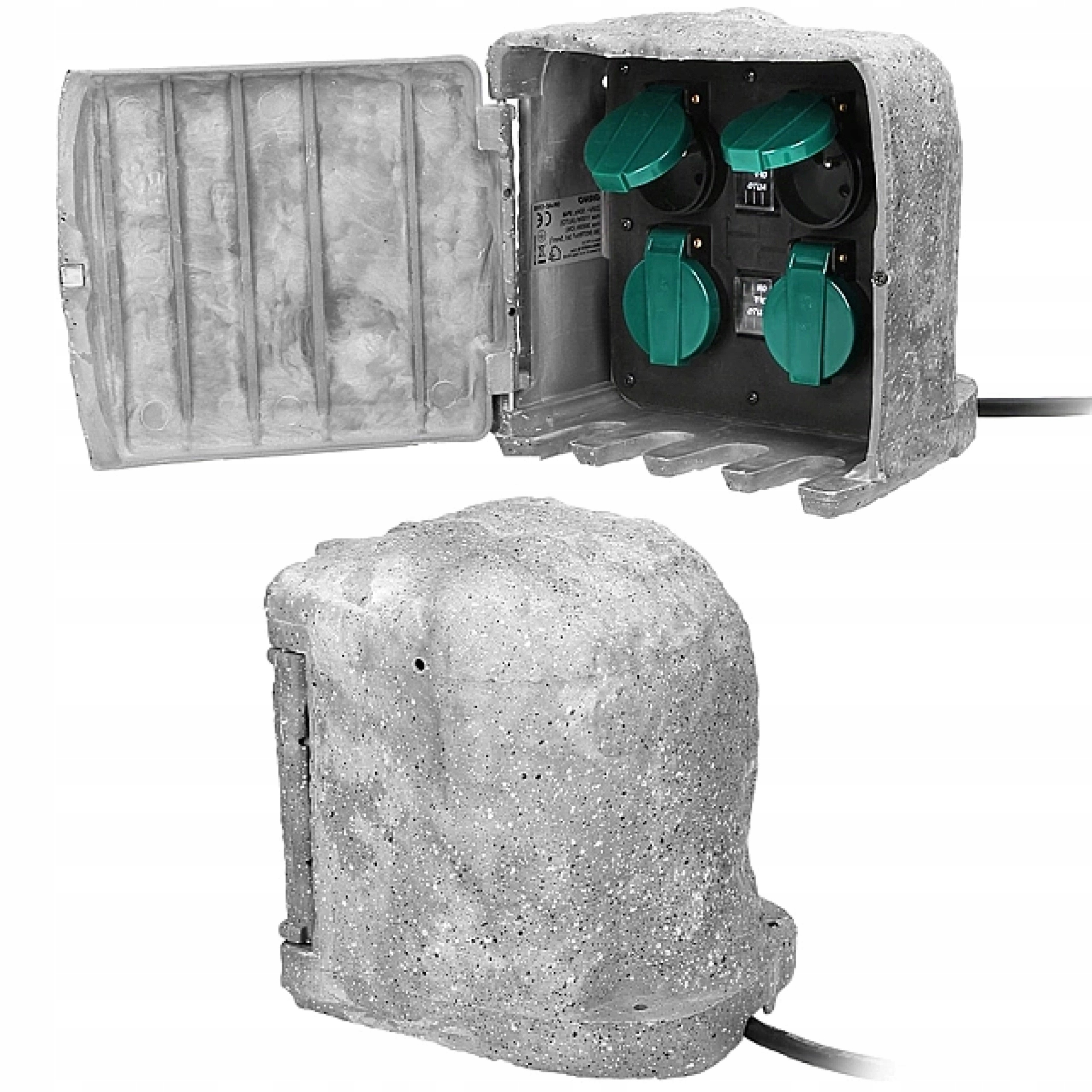 Hermetická záhradná zásuvka Štvorhranný kameň 4x230 V Gumový kábel 3 m