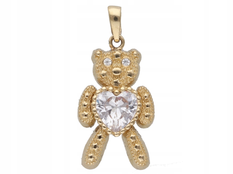 Zlatý přívěsek 585 medvídek se zirkonovým srdcem, ideální jako dárek 14-letý medvídek