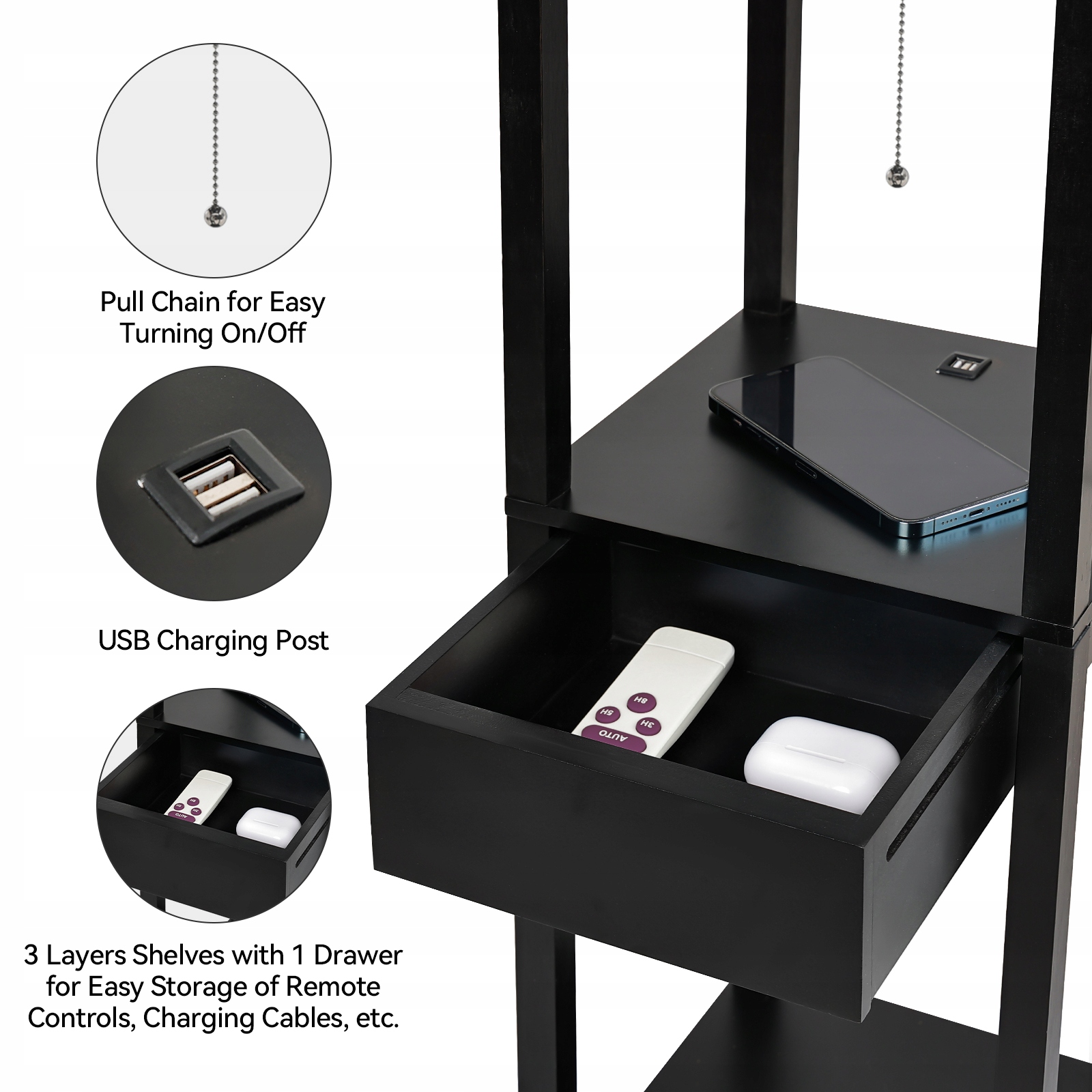 Lampa podłogowa Elecwish E27 8 W czarny 2 Usb Długość/wysokość 160 cm