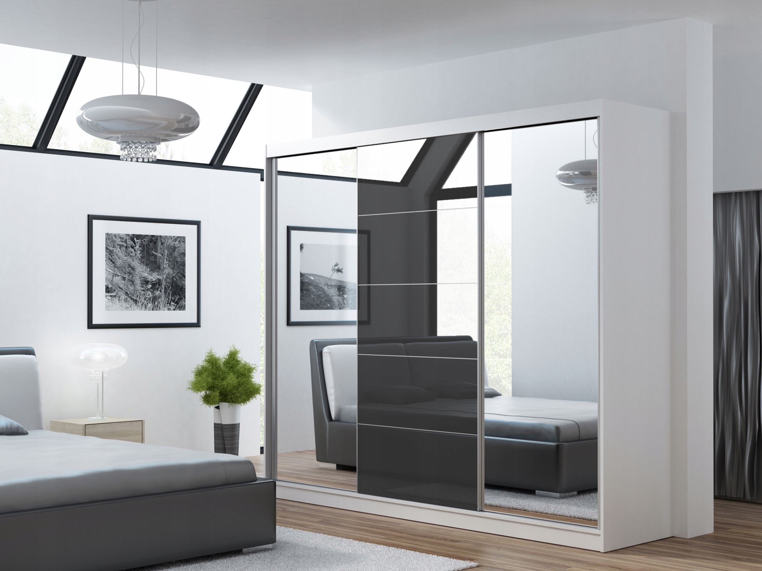 SZAFA PRZESUWNA GARDEROBA ARA 180 CM 3D1L BIAŁA - LACOBEL BIAŁY - LUSTRO Wysokość mebla 205 cm