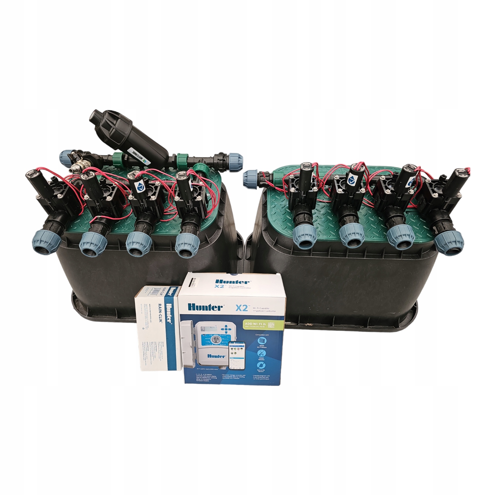Zestaw 8 sekcji Hunter Pgv Filtr Sterownik X2 Rainclik 2 Studzienki Pe 20
