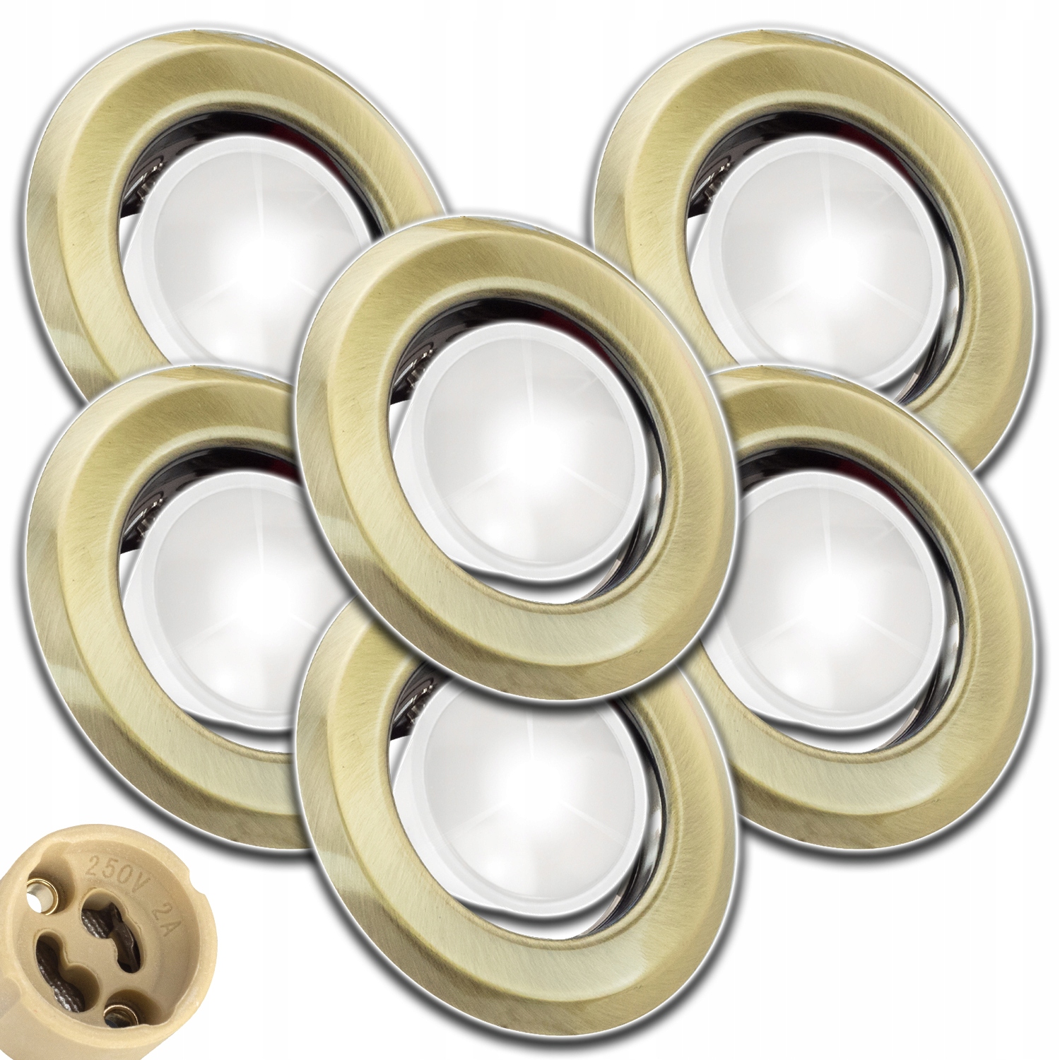 6x Stropní Svítidlo Kulaté Mosazné+žárovka Gu 10 1,5W Nw Neutrální+zásuvka