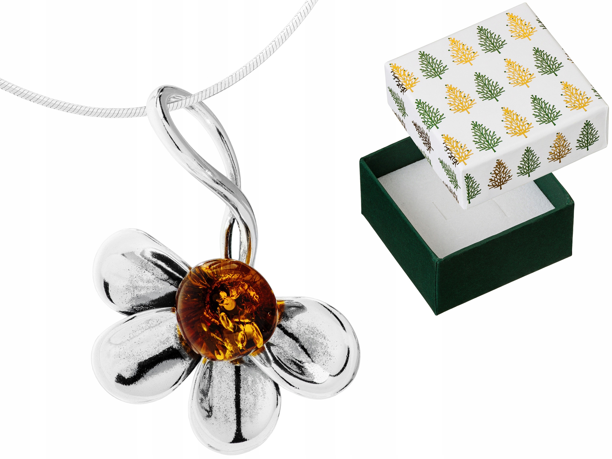 Stříbrný náhrdelník Asymetrický květ s jantarem Jantar Květina 925 38 Cm