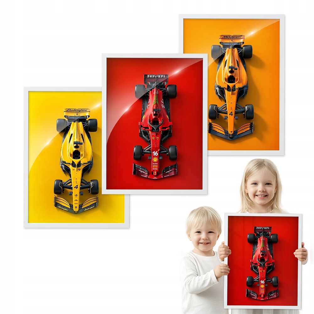 Sada 3 obrazů Barevné Auta F1 bílý rámeček 40x50 do chlapeckého pokoje