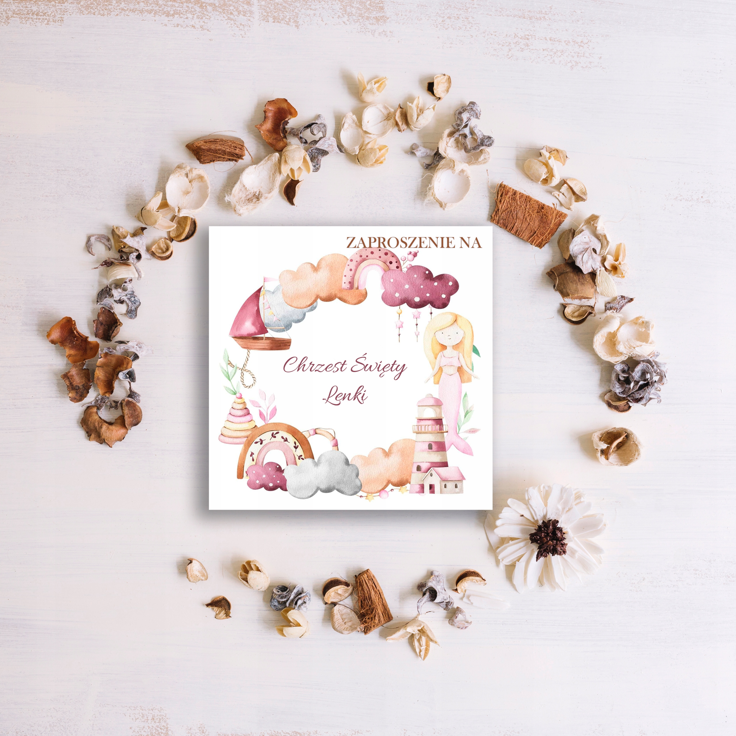 ZAPROSZENIA NA CHRZEST IMIĘ 10szt SYRENKA TĘCZA 065 Wysokość produktu 15 cm