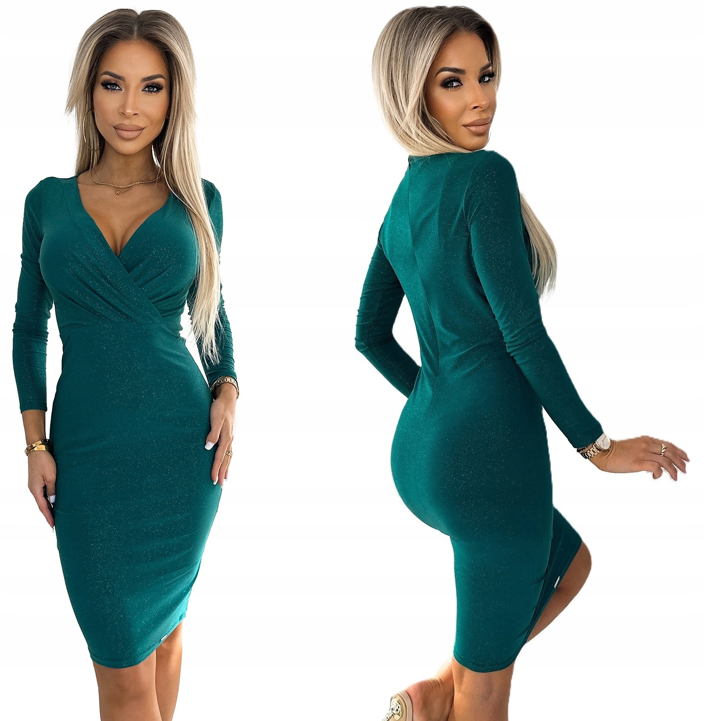 Přiléhavá, Smyslná Šaty S Zavinovacím Výstřihem, Zelená Se Třpytkami