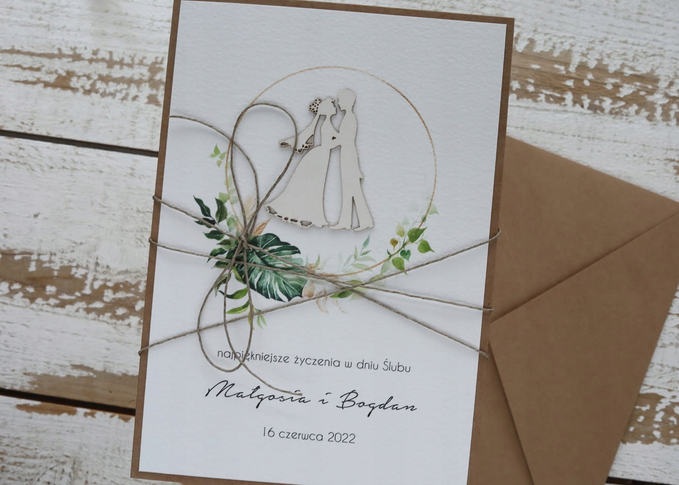 Rustikální svatební přání ručně vyrobené v obálce A5 monstera