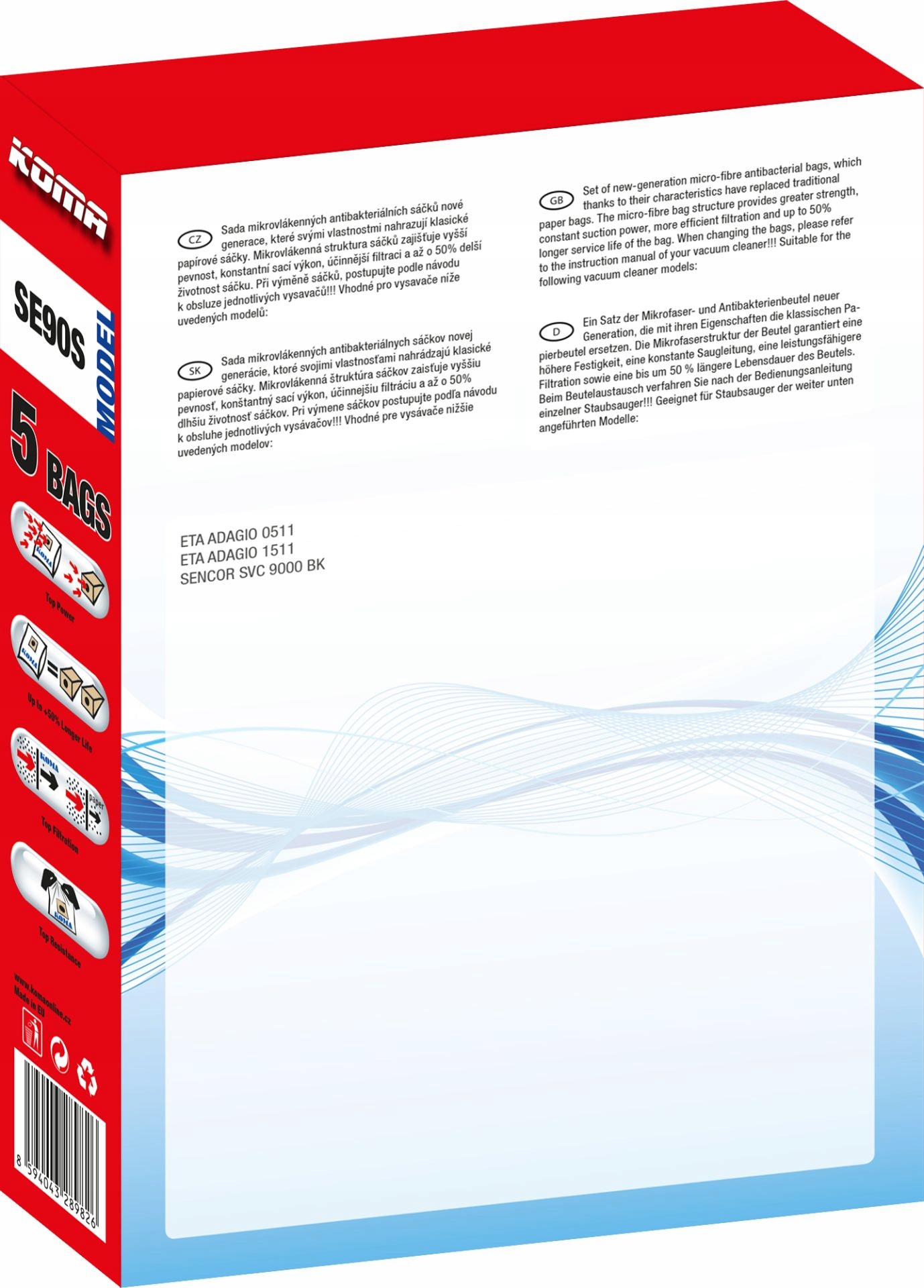 KOMA SE90S - Worki Sencor SVC 9000bk, 5 szt. Typ worka syntetyczny