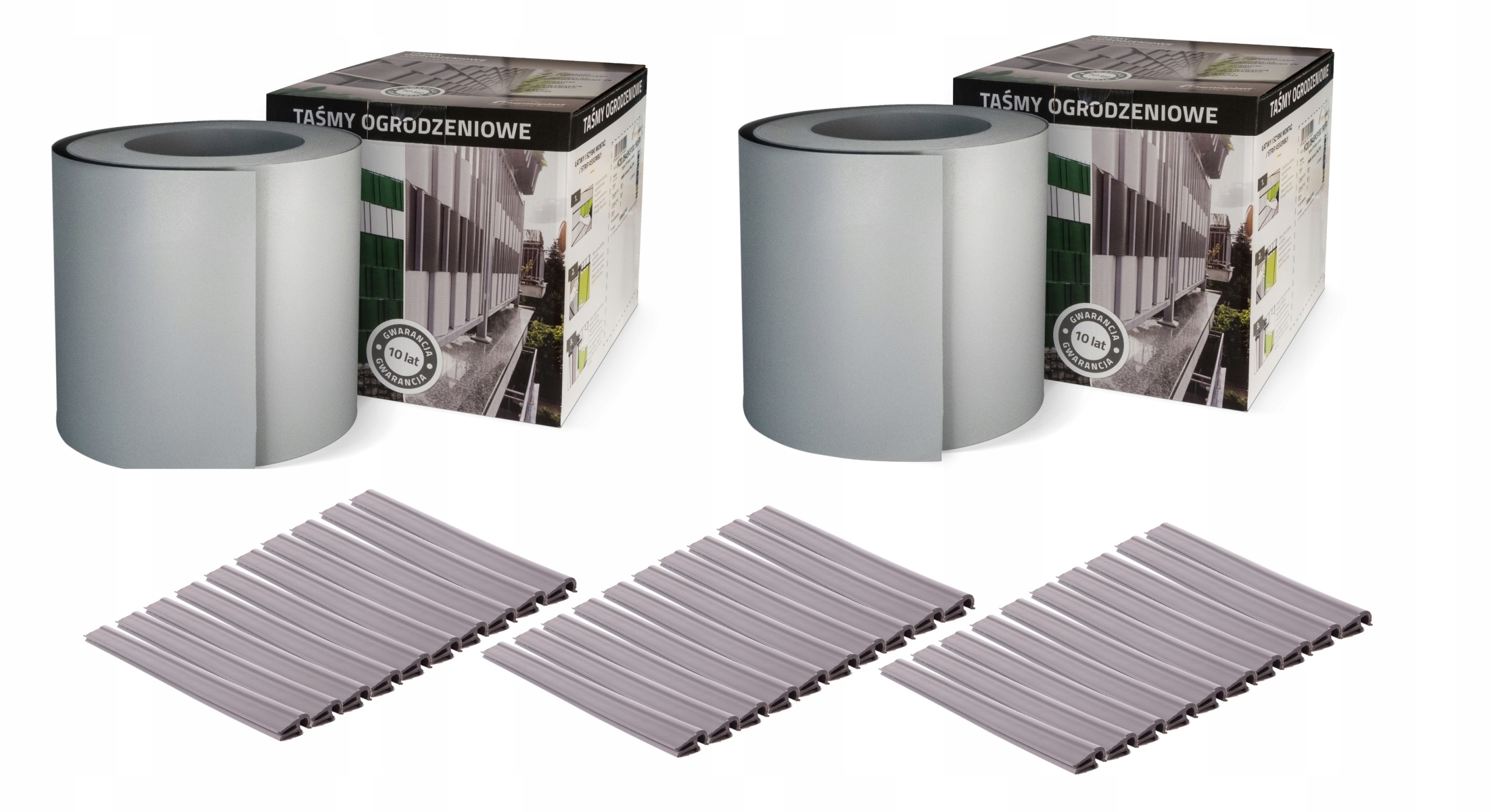 Dve plotové pásky 19 cm x 26 m, 30 ks, sivé spony