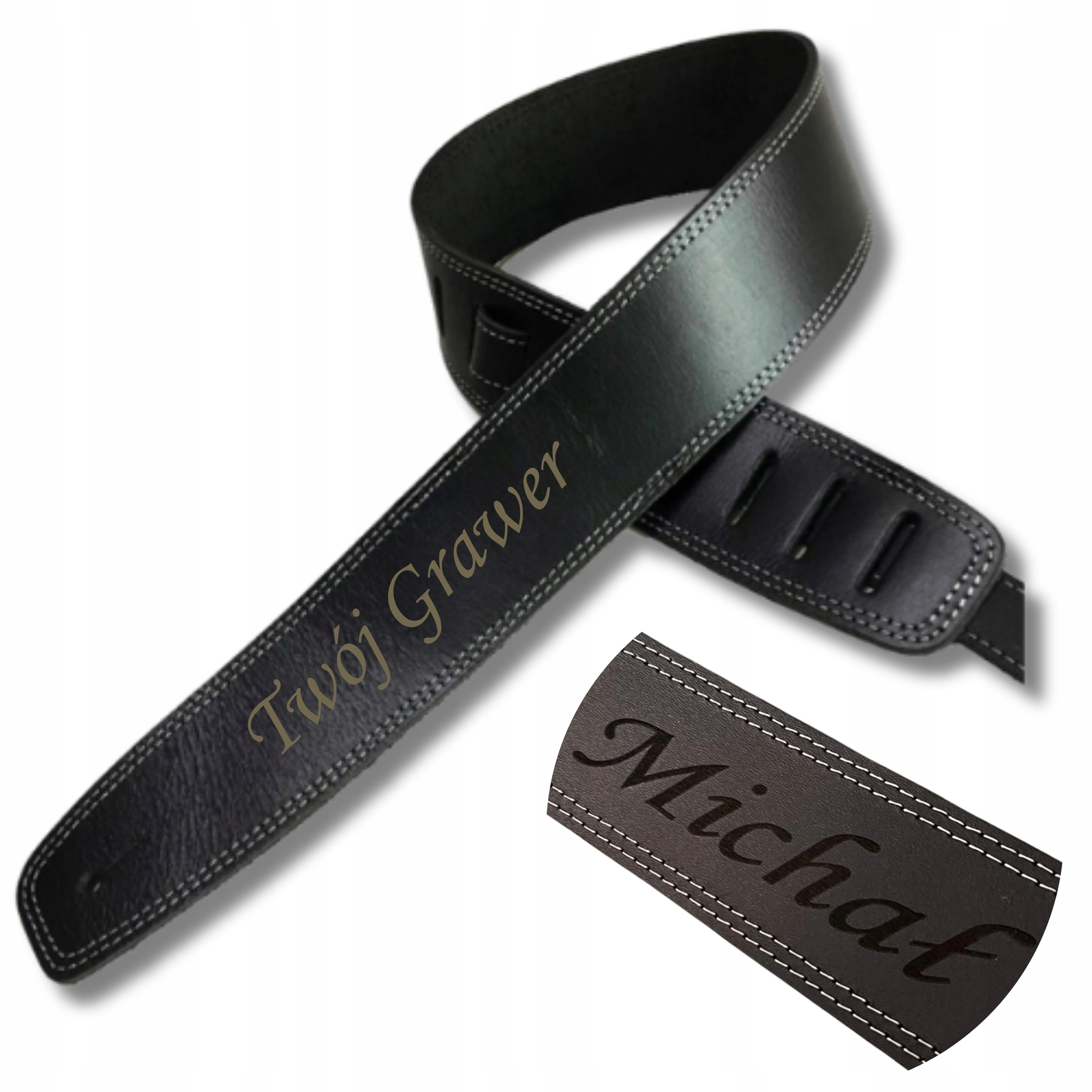 Pásek na kytaru S Gravírováním kožený Černý pro kytaru Personalizované gravírování