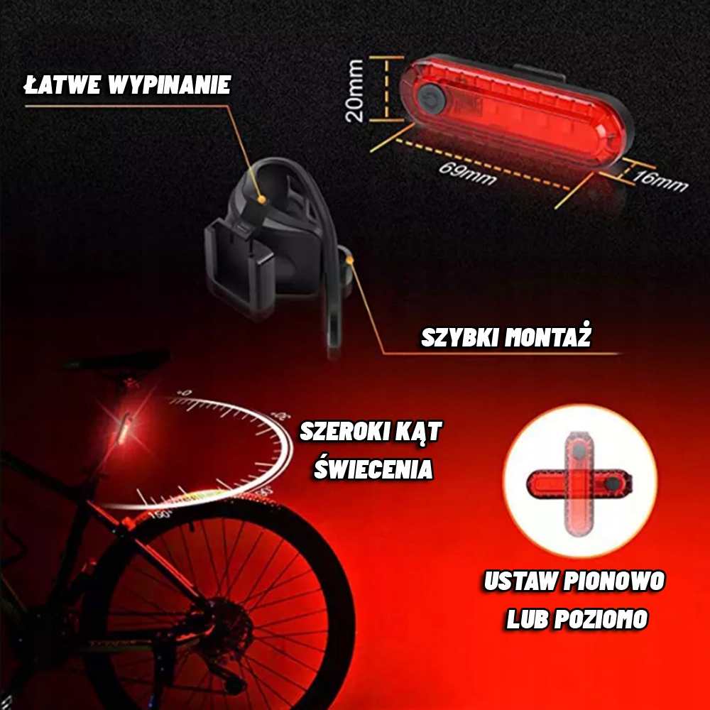 LAMPKA ROWEROWA OŚWIETLENIE LED NA ROWER KIEROWNICĘ PRZÓD + TYŁ NA USB MOC Zasilanie akumulator