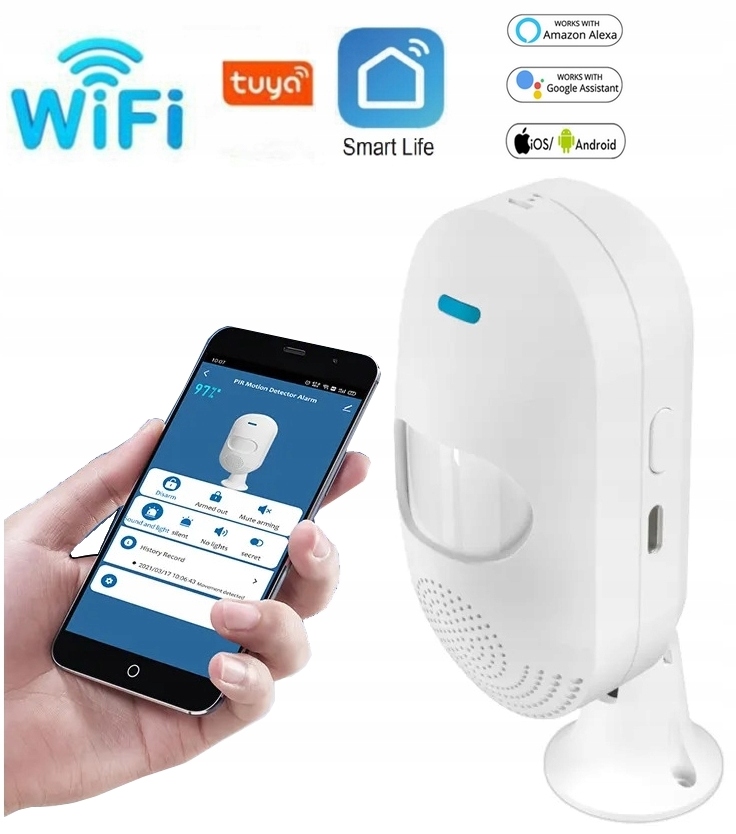 CZUJNIK RUCHU BEZPRZEWODOWY PIR TUYA ALARM SYRENA Komunikacja WiFi