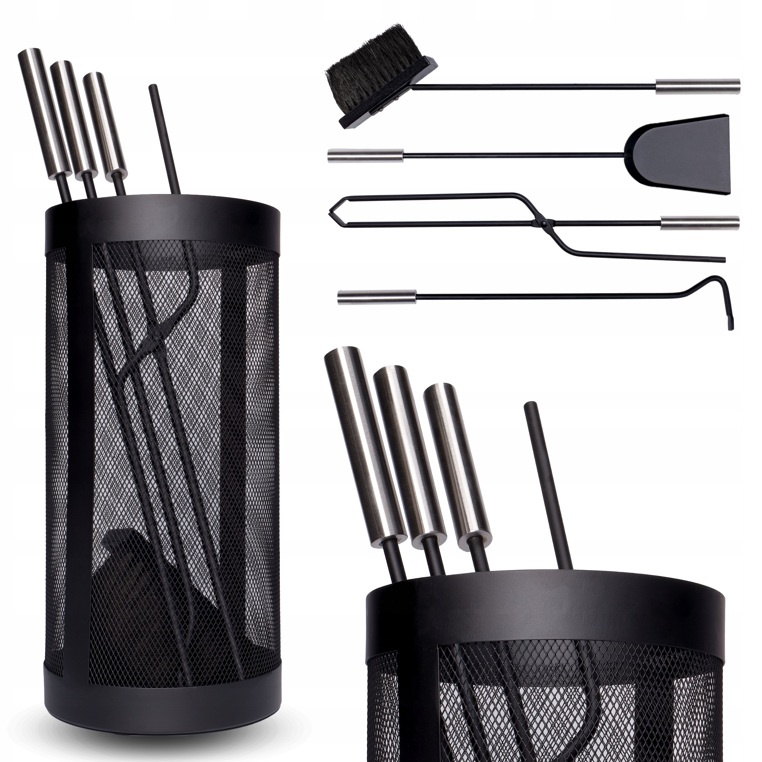 NARZĘDZIA KOMINKOWE ZESTAW AKCESORIA 5 SZTUK + STOJAK KOSZ METALOWY ZMIOTKA