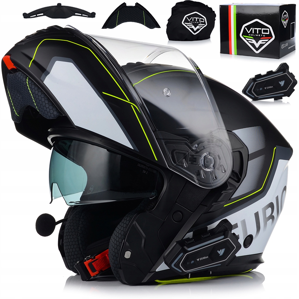 Motocyklová Prilba Vito Furio Šedá Fluo Čeľusťová Interkom Vito Bluetooth