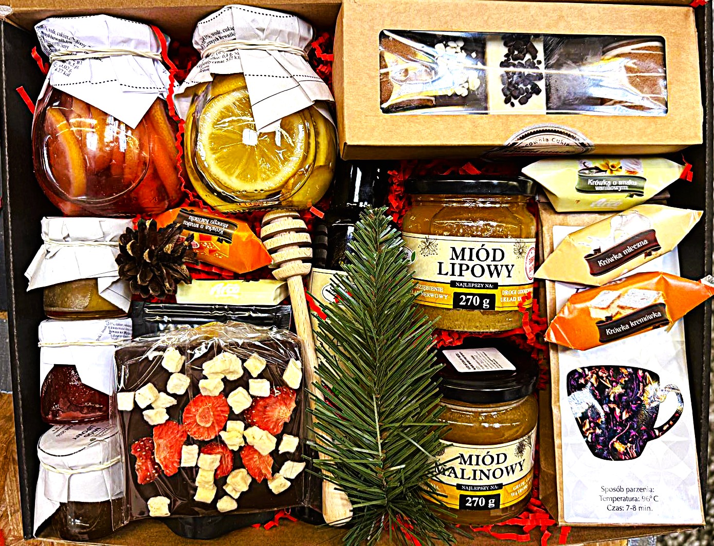 Duży Kosz Zestaw Prezentowy Syrop Miód Pierniki Herbata Czekolada Kawa
