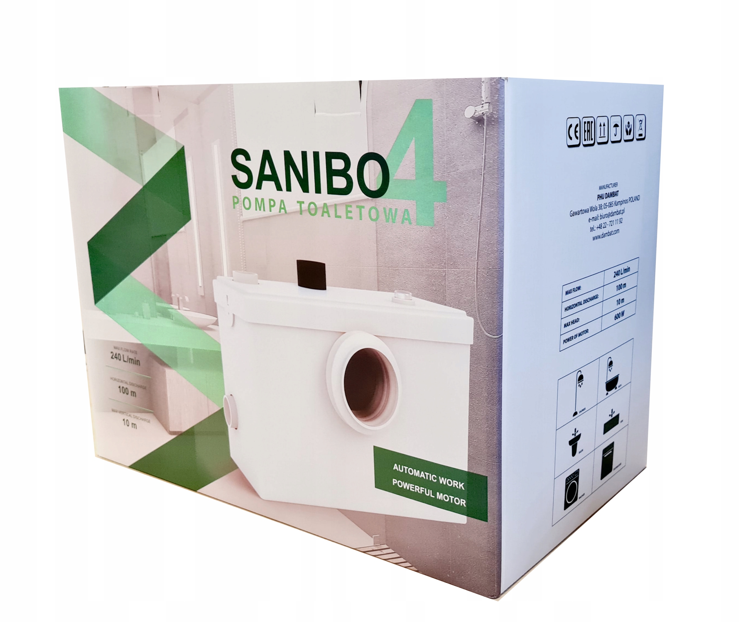 Pompa WC SANIBO 4 z Rozdrabniaczem MŁYNEK WC PRZEPOMPOWNIA ŚCIEKÓW Marka Ibo