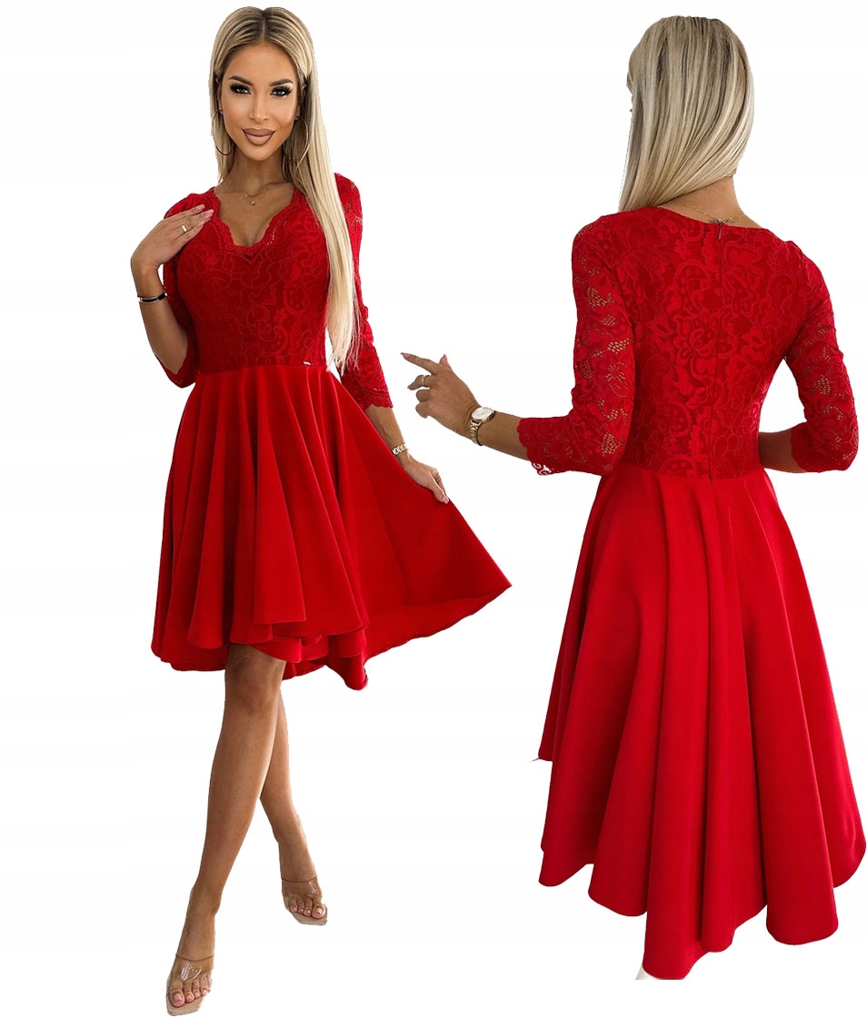 Asymetrické Šaty S Krajkovým Výstřihem A Delší Zadní Částí, Červená Barva
