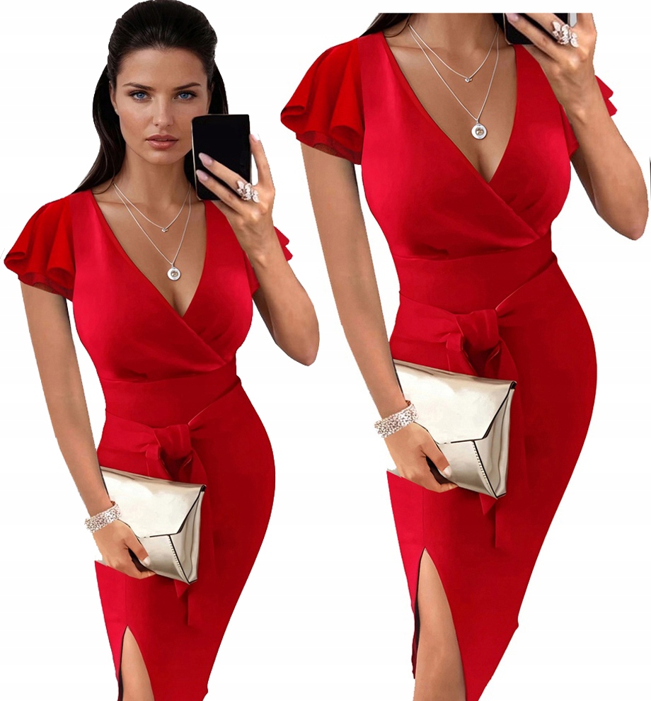 Czerwona Sukienka Koktajlowa z Falbanami Rozcięciem Na Wesele S/m 36 38