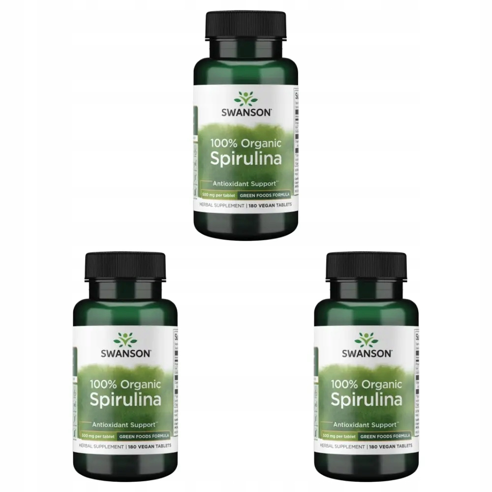 3x Swanson Certified Organic Spirulina, 180 tabletek