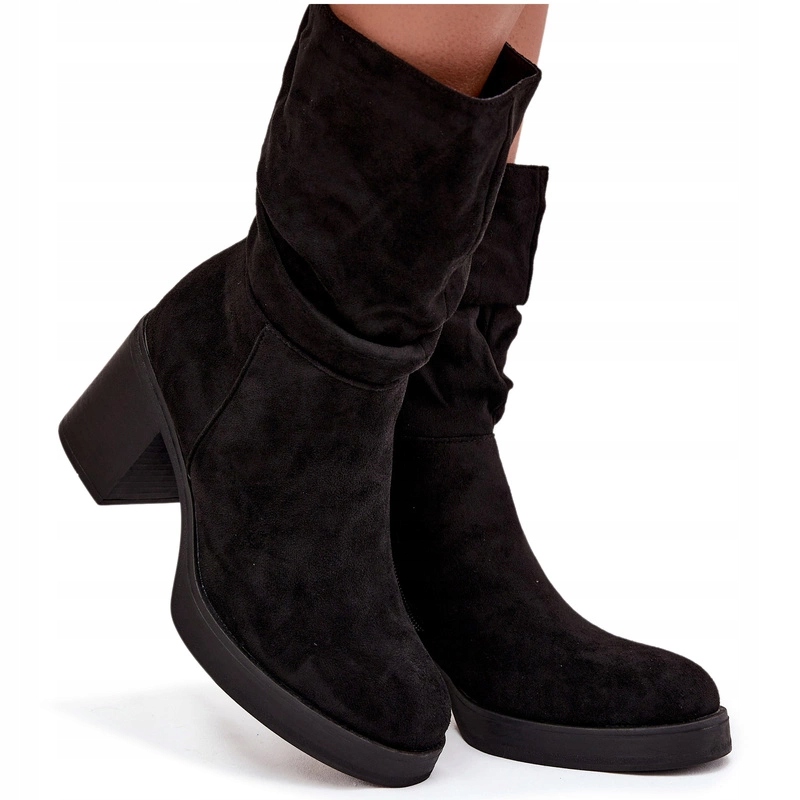 Dámské Kotníkové Boty Eko Semišové S Řasením, Podpatek, Zateplený Sloupek, Černé 41