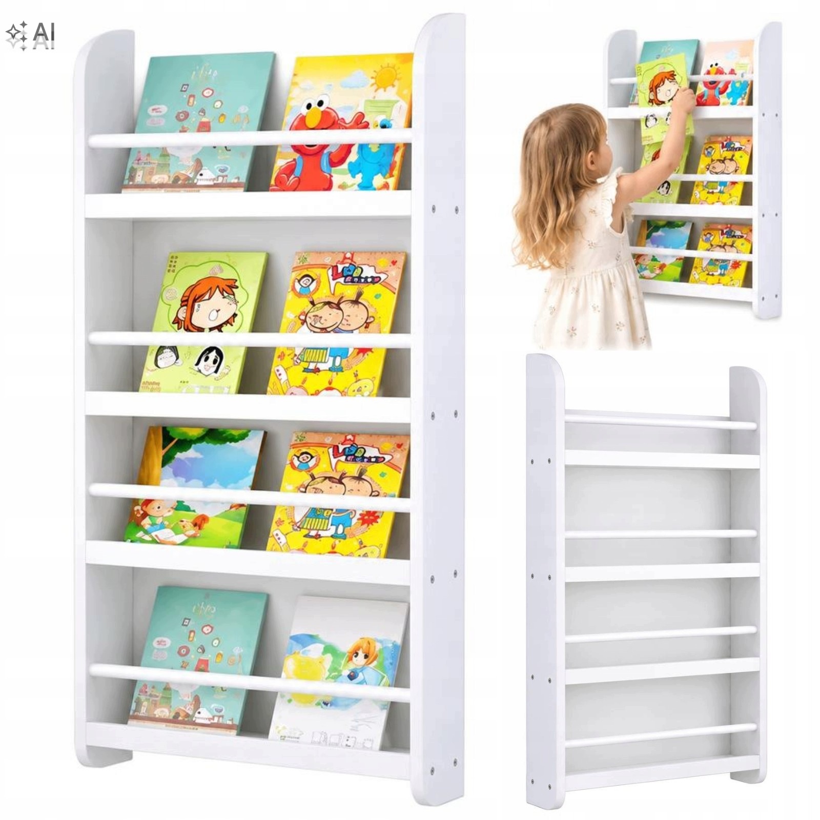 Regał Biblioteczka Montessori Na Książki Zabawki Biały Półki 113cm Wiszący