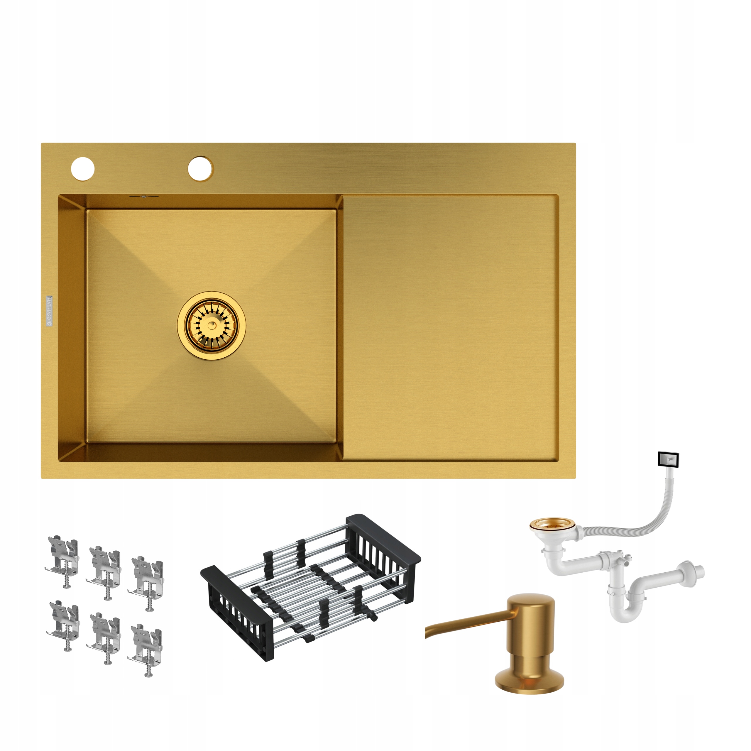 Ocelový Dřez Zlatý Jednokomorový Odkapávač Sušička Dávkovač BARI78L