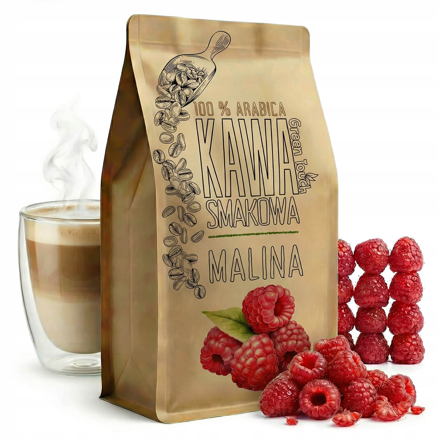 Kawa Ziarnista smakowa Malinowa soczysta malina arabica 1 kg Green Touch