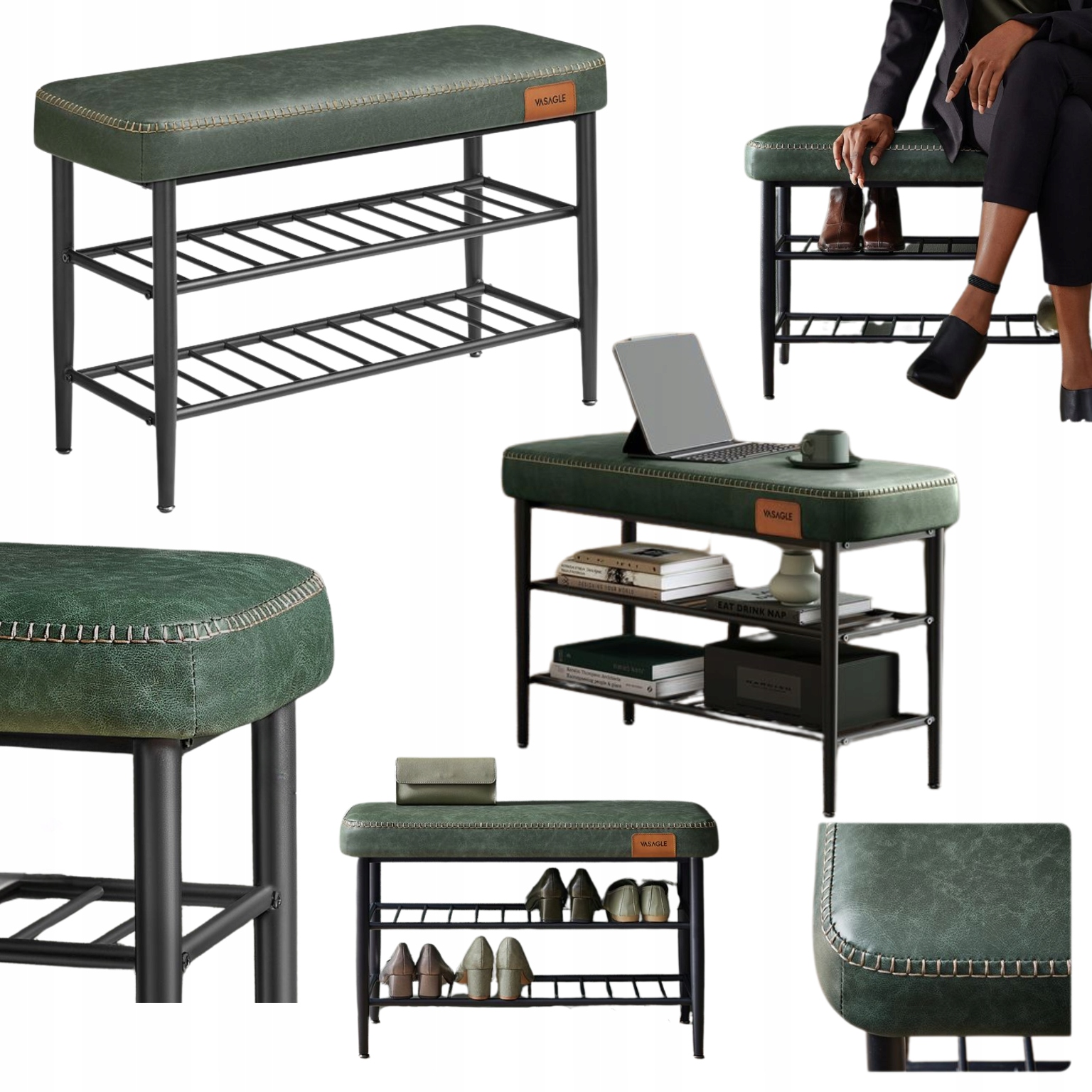 Čalúnená lavička z Kože 2 úrovne Polička na topánky s sedadlom