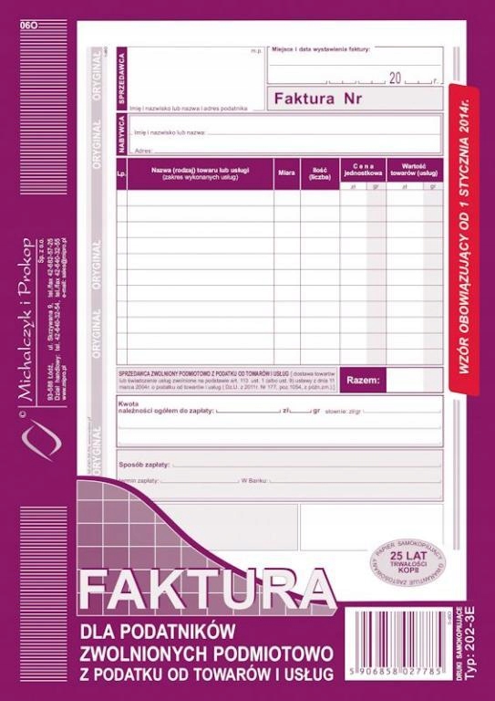 

Faktura Bez Vat dla Zwolnionych Z Podatku A5