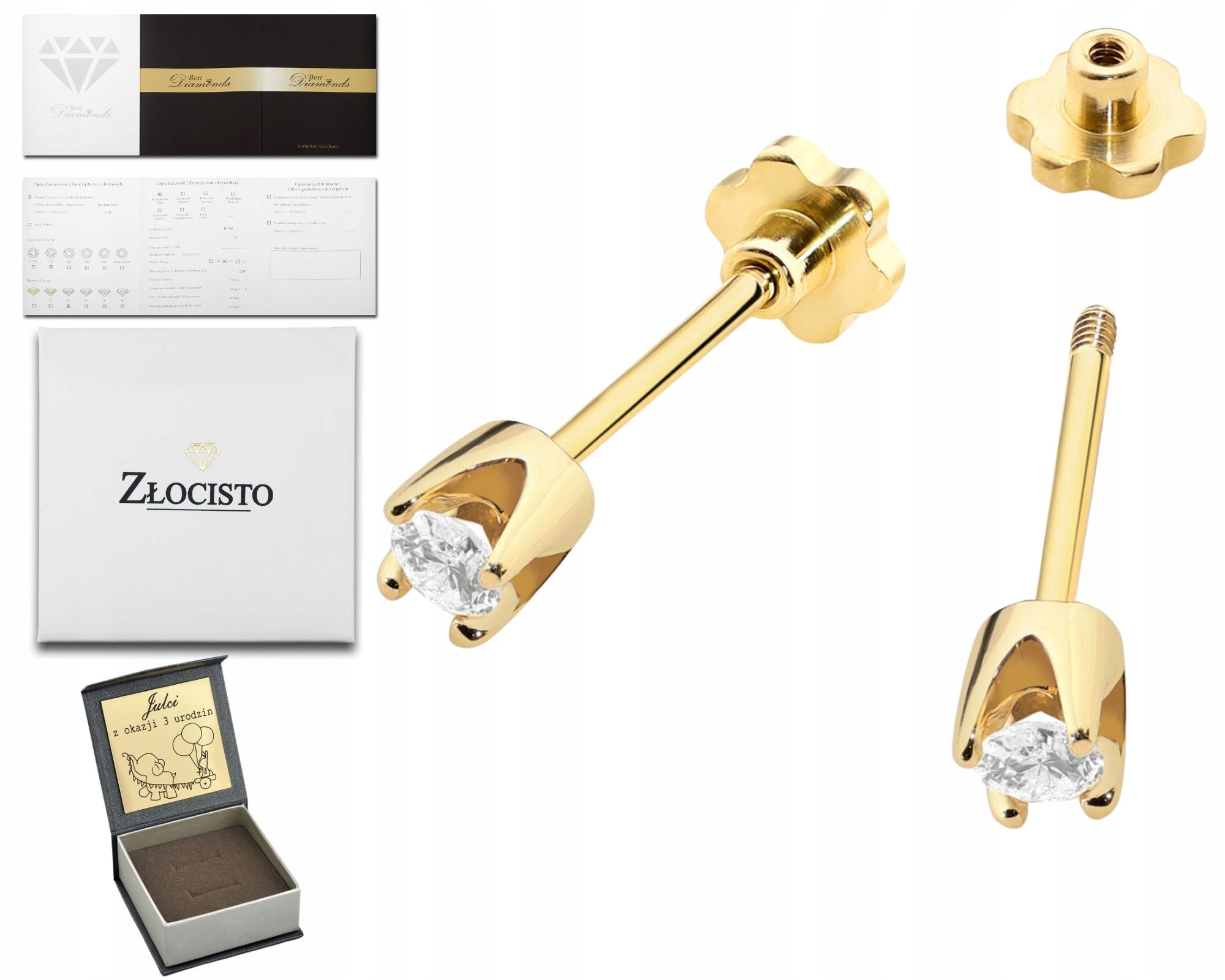 Zlaté Náušnice S Diamantem Šroubovací Tyčinka Zlato 585 Dárek Gravírování
