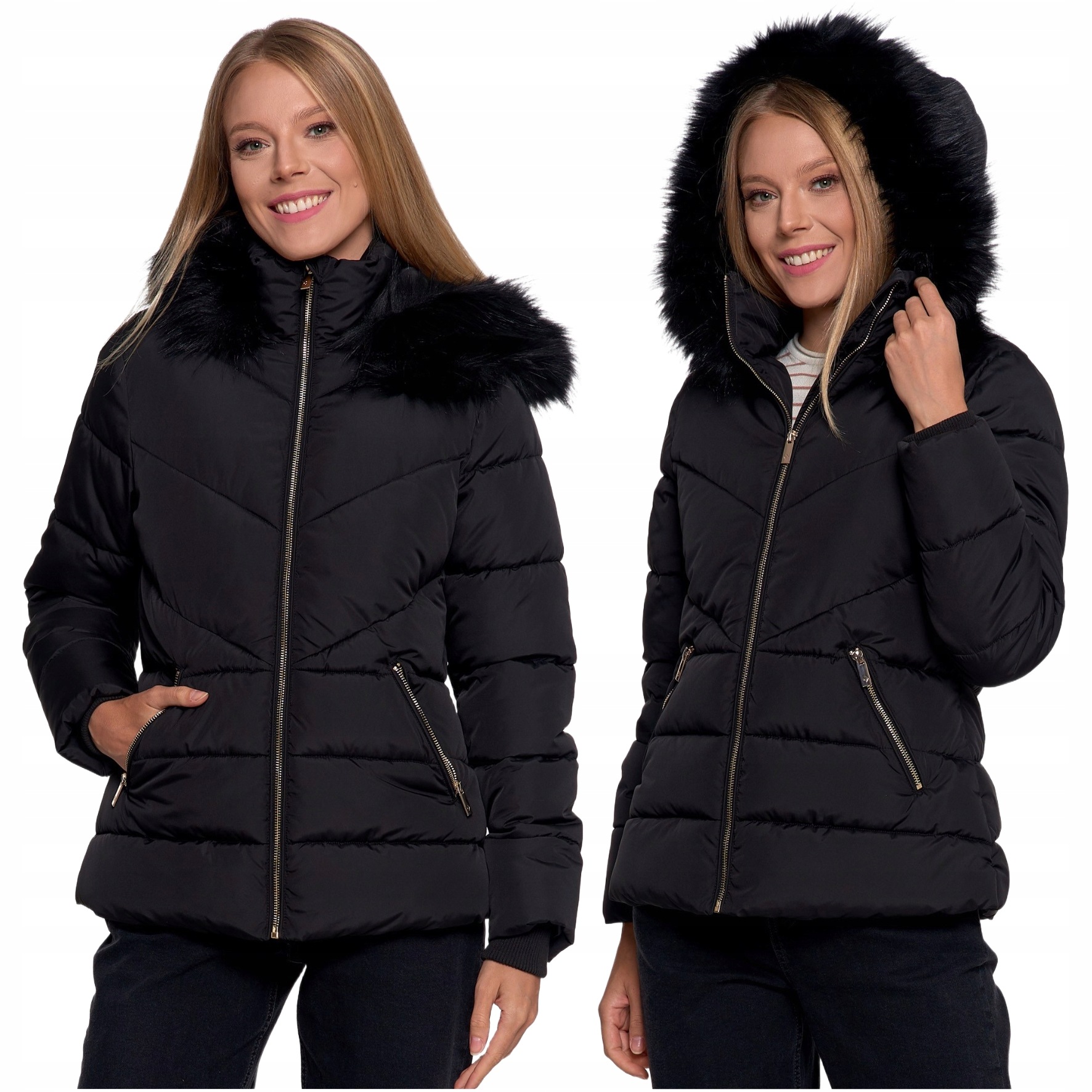 Dámská prošívaná bunda s kapucí Moraj s kožešinou na podzim, černá, 3XL