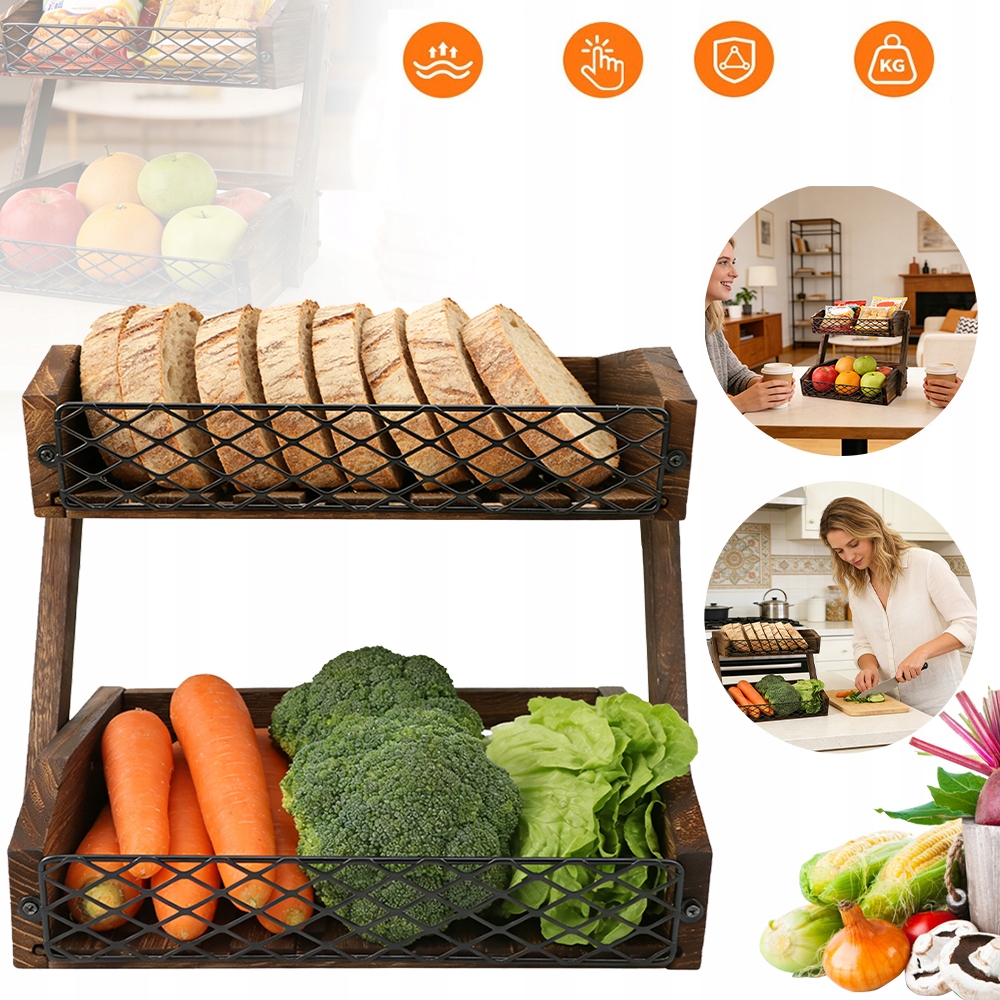 Dřevěný-kovový Organizér 2-ÚROVŇOVÝ, Hnědý Na Chléb A Zeleninu