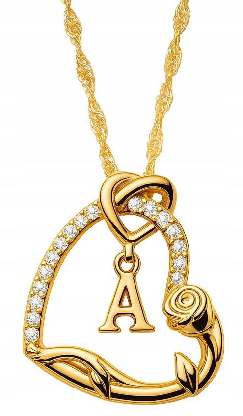 Srebrny Naszyjnik 925 Serce Literka Pozłacany 585 Kwiat Życia Róża Litera A